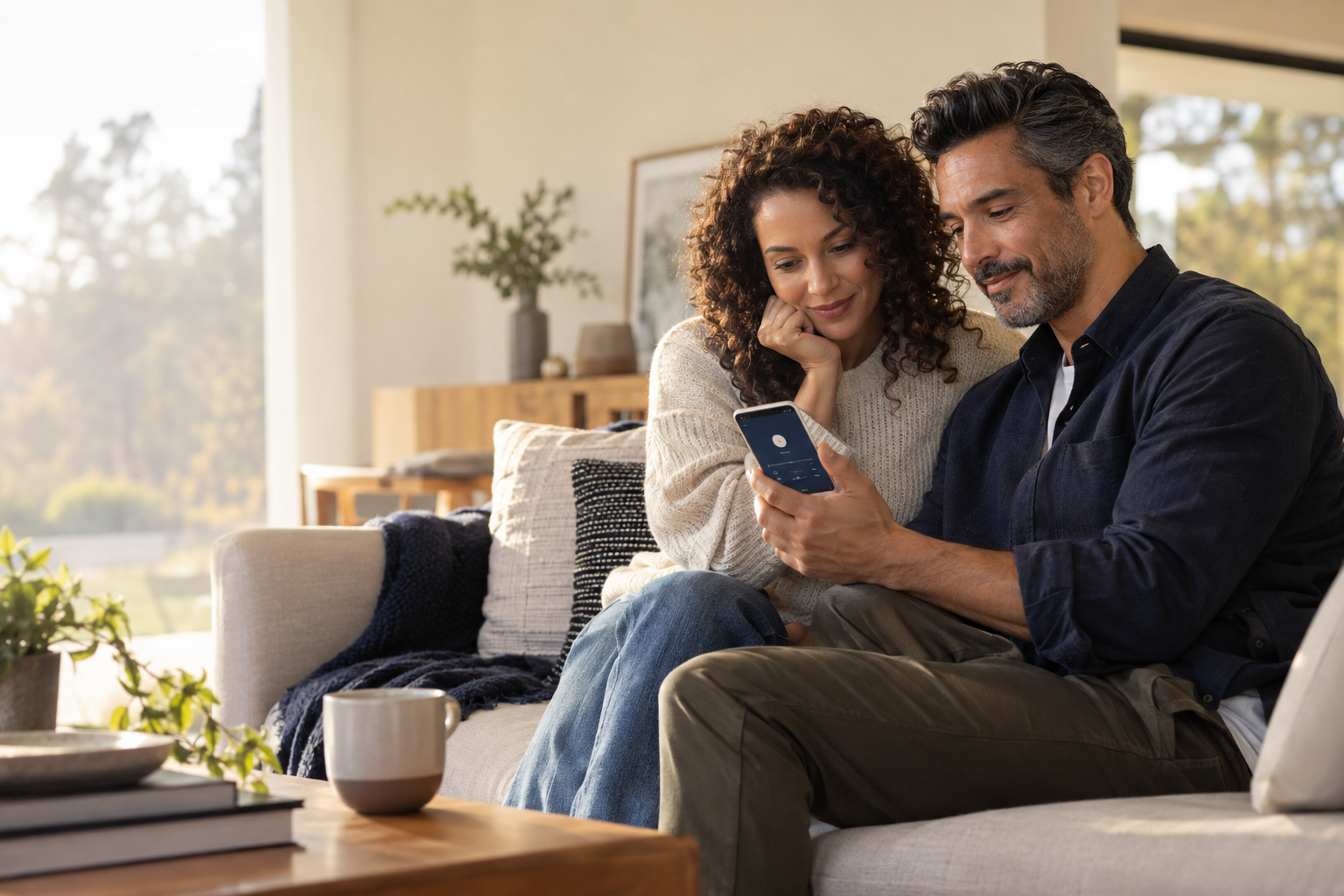 A couple sharing a digital experience together on a phone at home