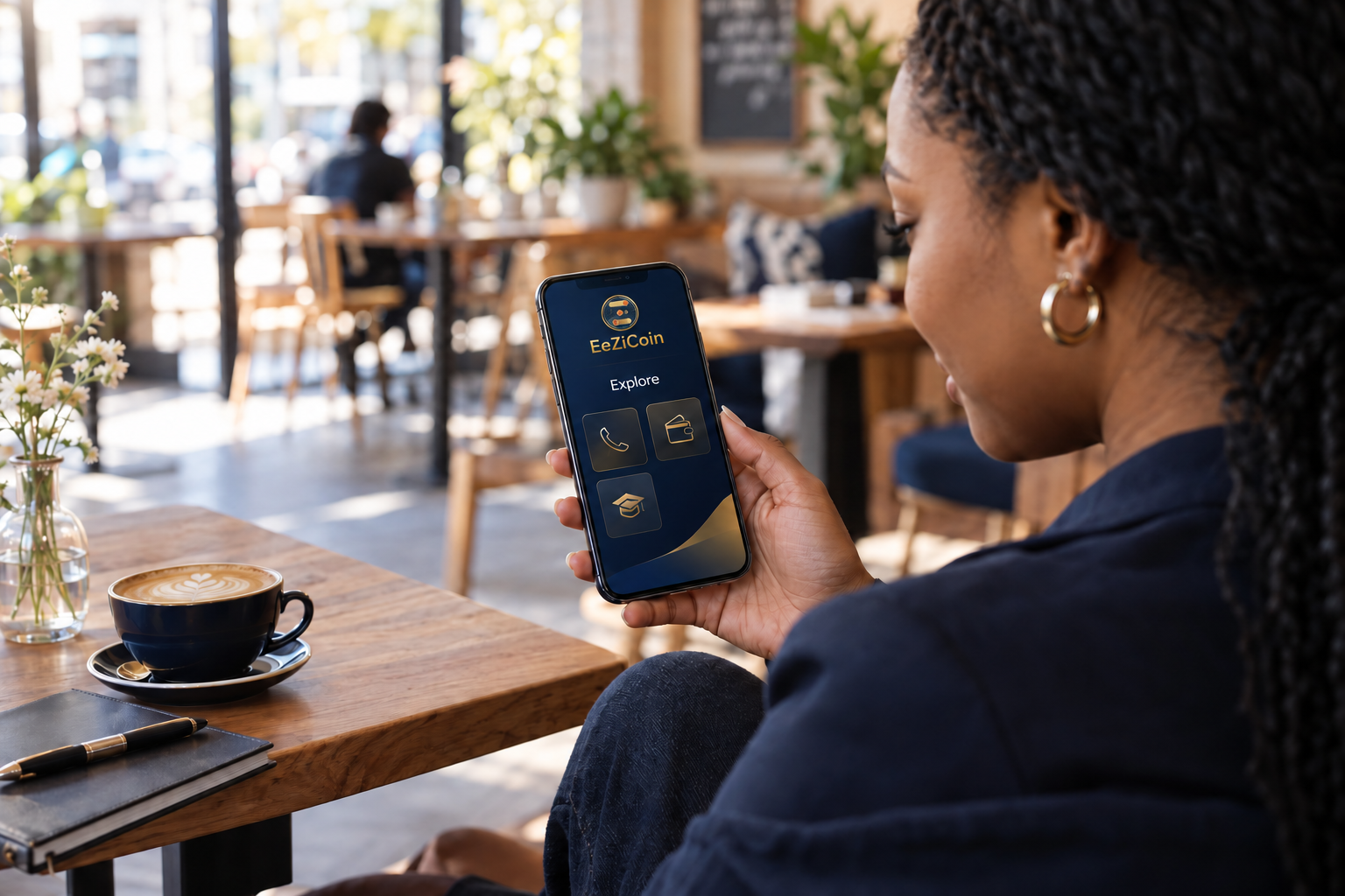 A woman exploring the EeZiCoin experience on her phone in a cafe