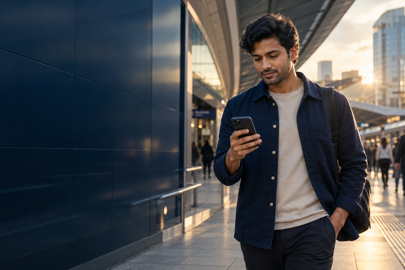 A person using a phone beside modern city architecture