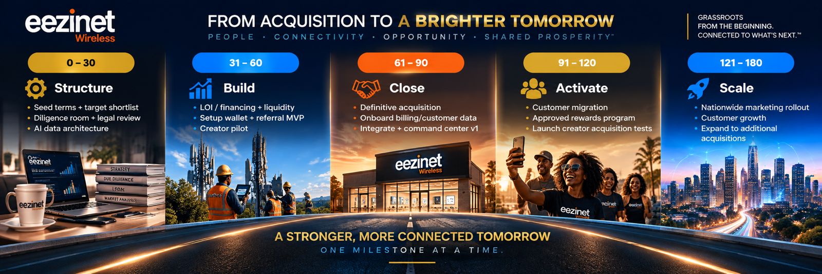 Eezinet Wireless 180-day roadmap from structure and build to close, activate, and scale