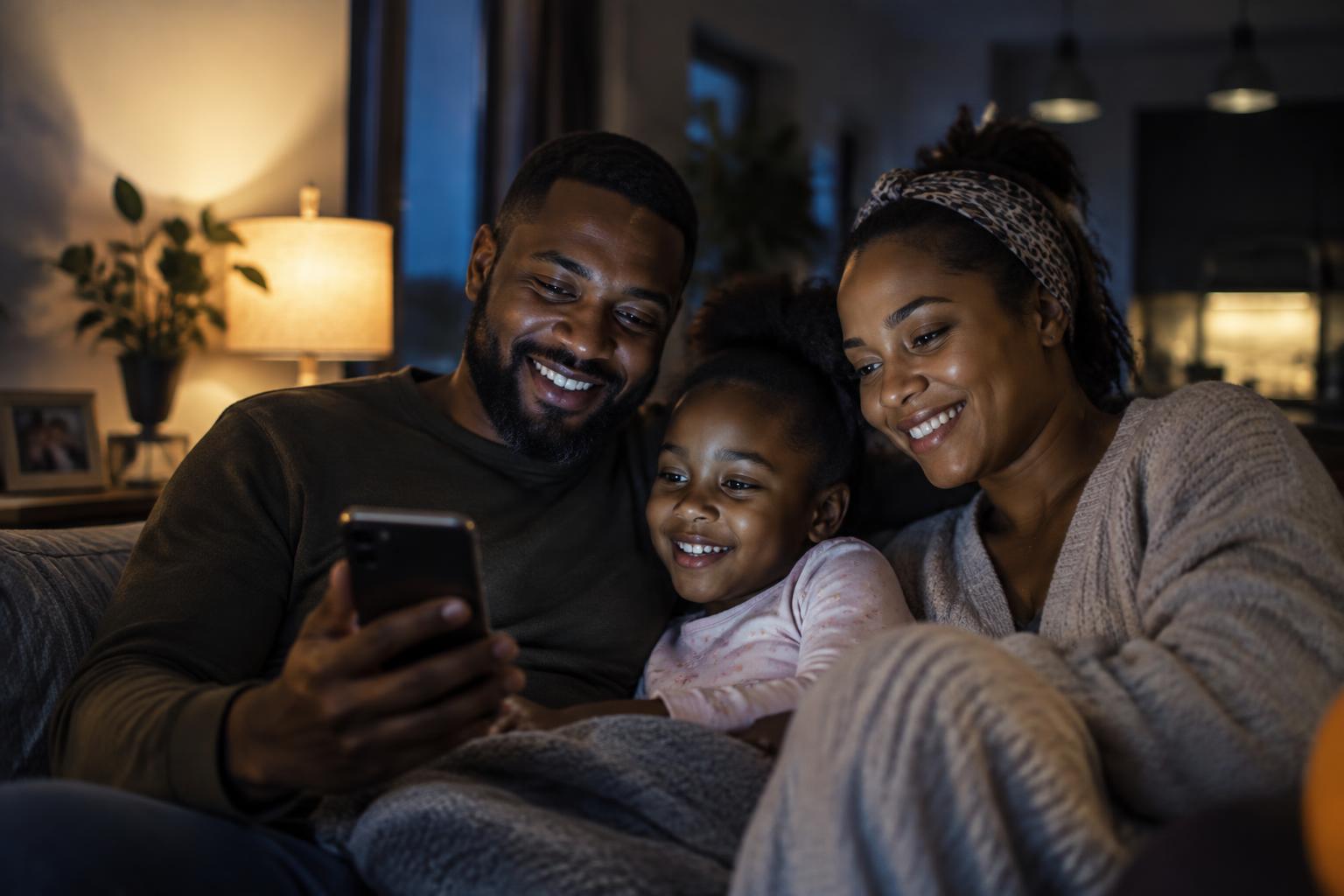 A family at home looking at a phone together in the evening