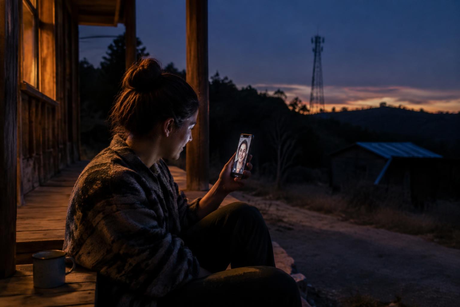 A young adult on a rural porch at dusk making a video call
