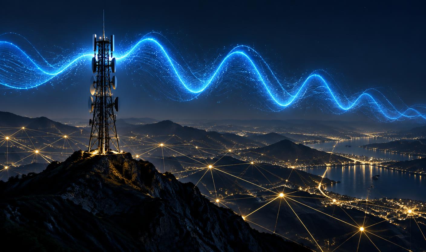 Illustration of a wireless tower with a spectrum wave connecting into a network lattice