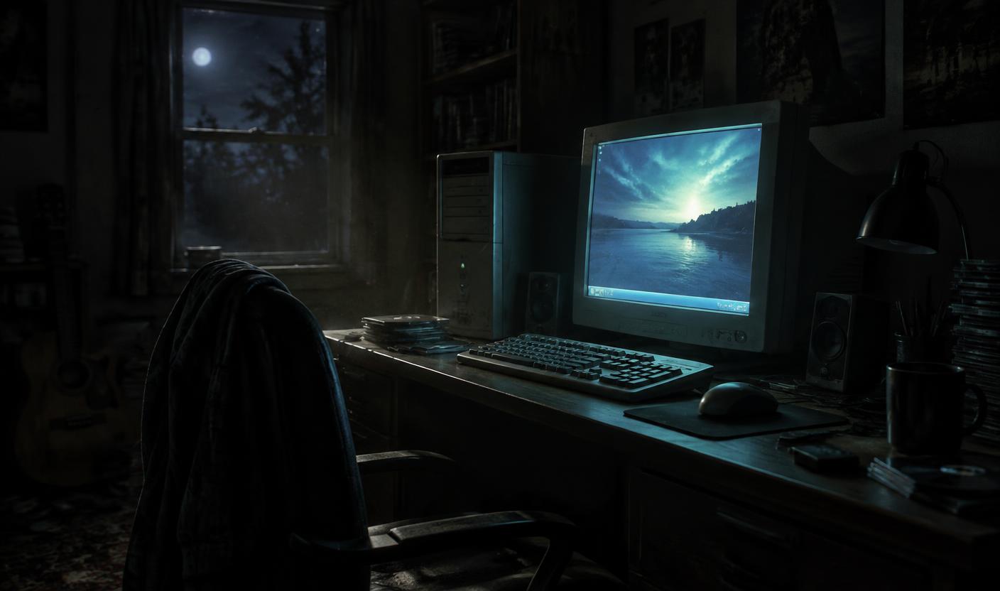 A dimly lit room with an early-era desktop computer glowing at night